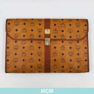 Auth MCM brown leather logo clutch/case